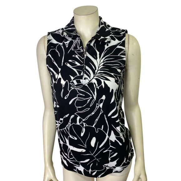 Rafaella $49 Sleeveless Black & White Leaf Print Collared Polo Shirt XL NWT‎ - Picture 6 of 12